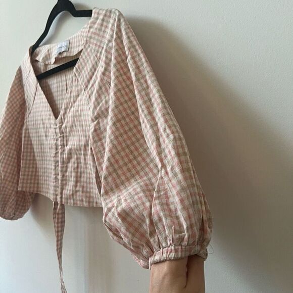 Chriselle x J.O.A Women's Pink Gingham Balloon Sleeve V-Neck Crop Top Size XS - Picture 4 of 8
